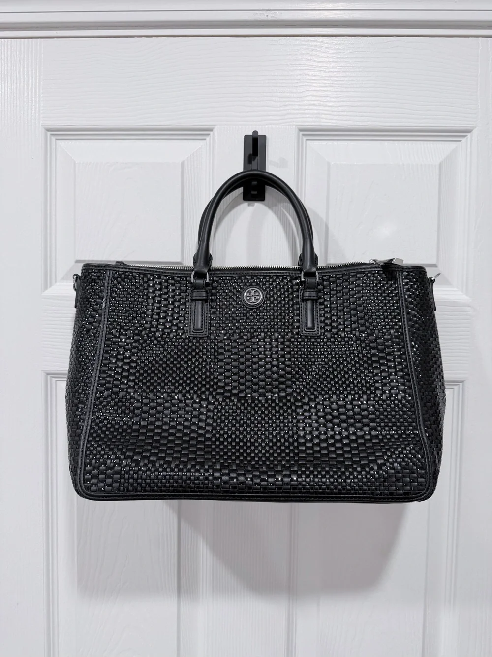 Tory Burch Robinson Black Woven Leather Top-Handle Satchel